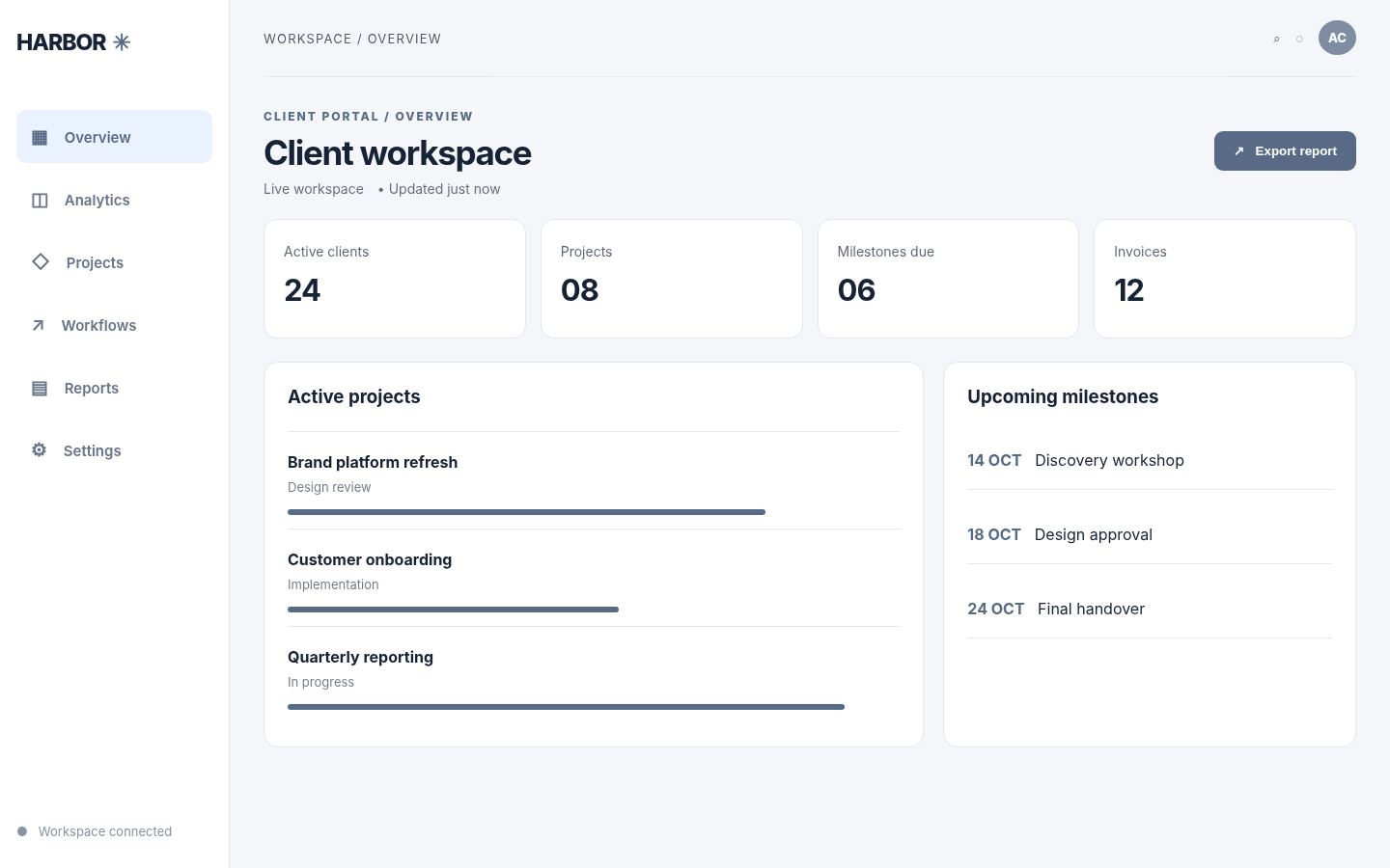 Screenshot of the Professional Services Client Portal interface, built as a representative visual presentation